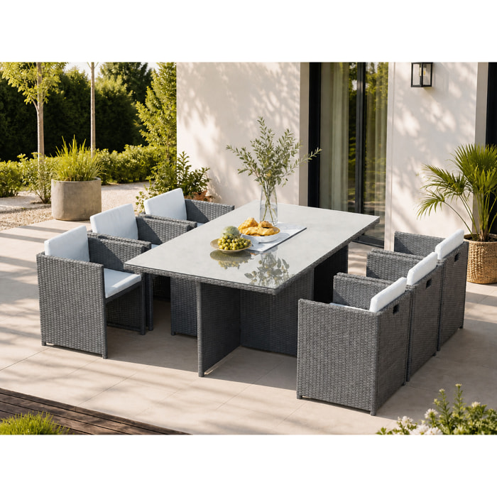 Table et chaises 6 places encastrables en résine gris-blanc REGINA