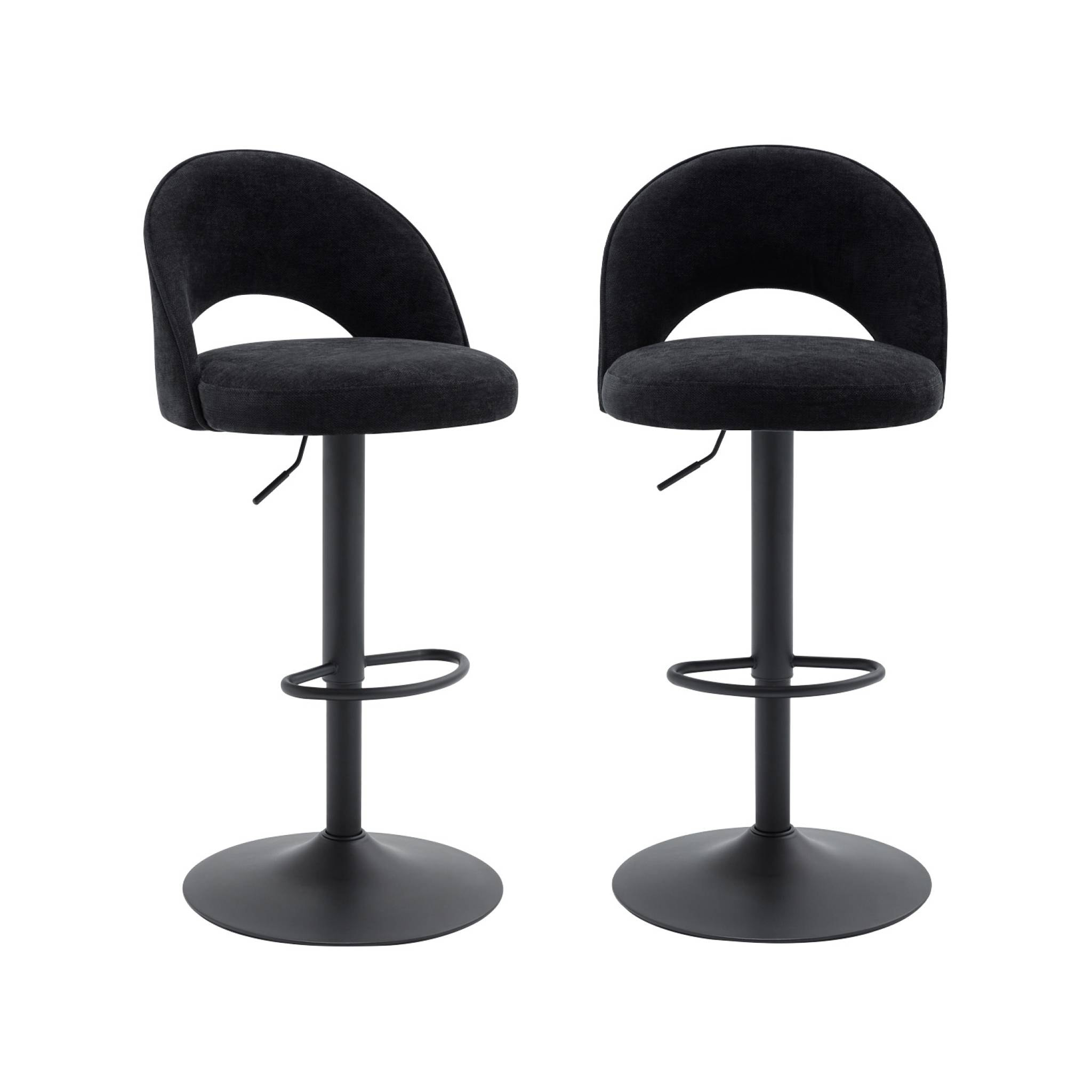 Lot de deux tabourets de bar ajustables métal et tissu noir. pied noir - L 49 x P 49 x H 88.5-110cm - Abby