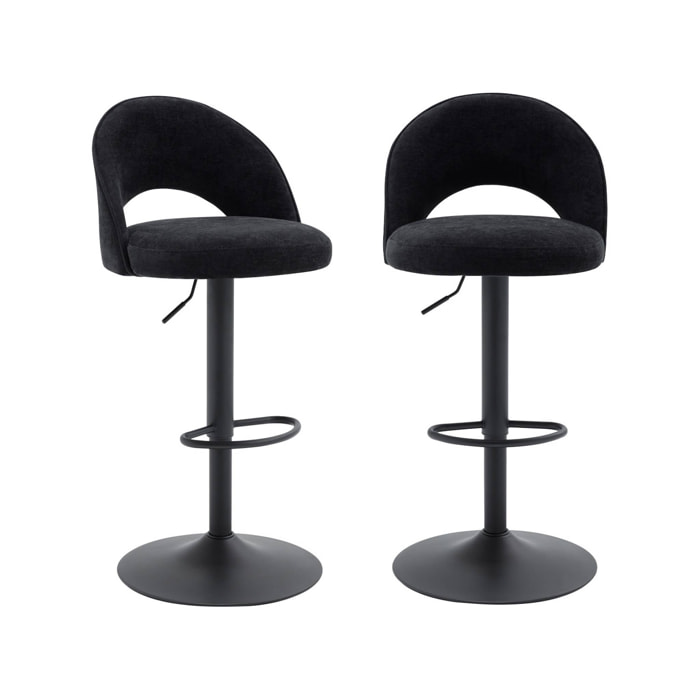 Lot de deux tabourets de bar ajustables métal et tissu noir. pied noir - L 49 x P 49 x H 88.5-110cm - Abby