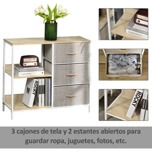 Cajonera de Tela Estrecha, Cómoda de Tela con 3 Cajones Plegables, 2 Estantes Abiertos y Amplia Encimera, Cómoda para Dormitorio, Salón y Pasillo, Natural y Gris Claro
