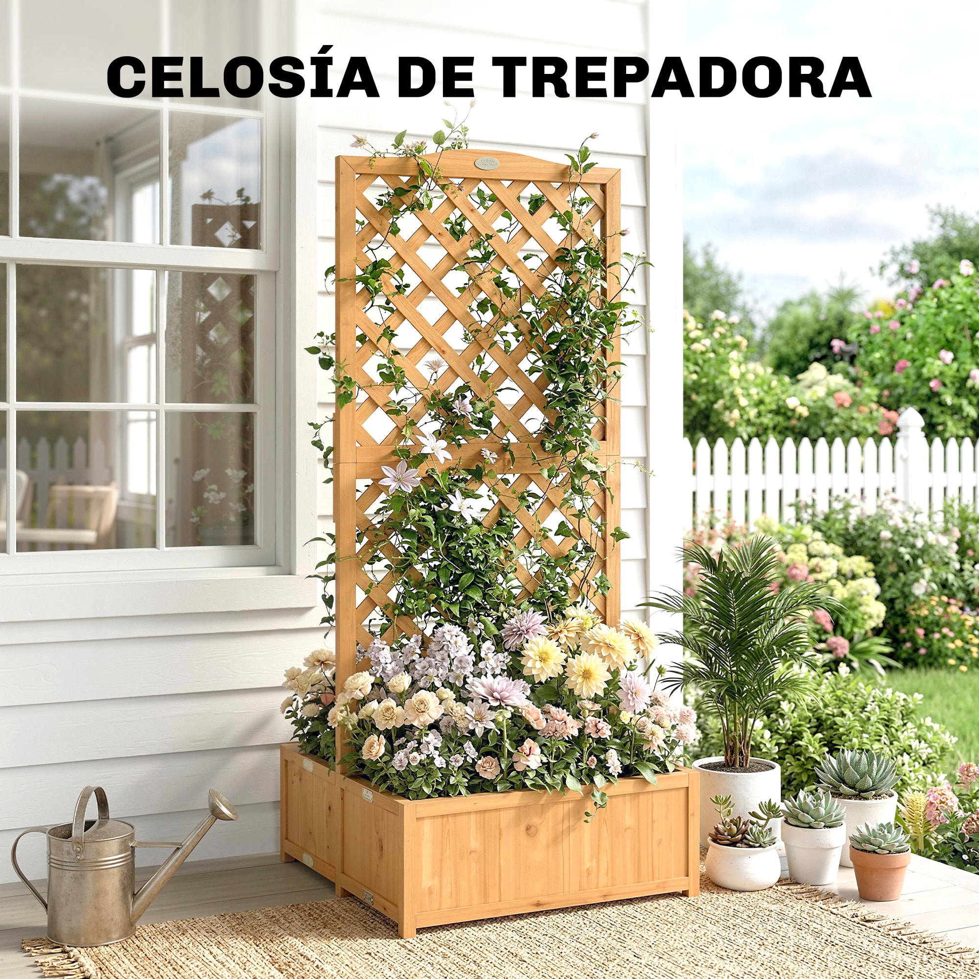 Jardinera con Enrejado de Madera, Jardinera Exterior Grande para Plantas Trepadoras, con 2 Cajas Plegables, Base de Listones, Macetero Elevado para Patio, Terraza, 73x70x170 cm, Natural