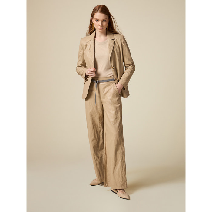 Oltre - Pantalones wide leg de tejido arrugado - Beige