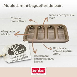 Set pâtisserie avec moule perforé 4 mini baguettes 33 x 22 cm en acier, 2 bols à mixer, verre mesureur et spatule Zenker