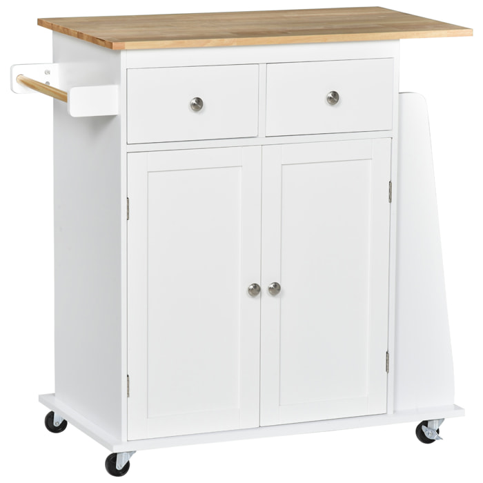 Carro de Cocina Auxiliar con Ruedas Carrito de Servicio con 2 Cajones de Regulable y Barra para Colgar 89x45x89,5 cm Blanco