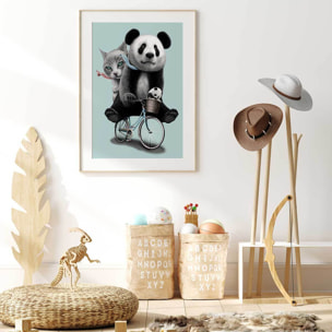 Affiche enfant amis à bicyclette  Affiche + cadre en bois - Chêne