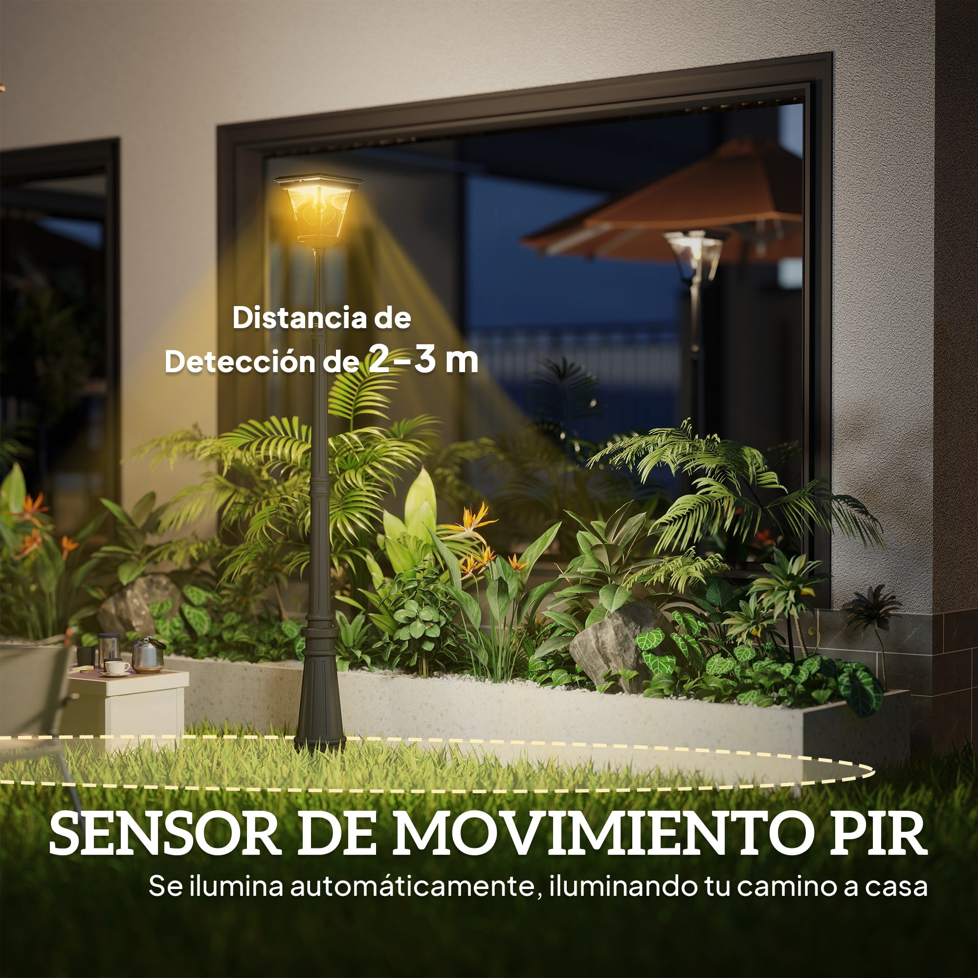 Farola Solar Exterior Luz Solar Exterior Jardín de Aluminio y Vidrio con Panel Solar Luces LED Encendido y Apagado Automático Sensor de Movimiento Impermeable IP44 para Terraza 26x24x220 cm