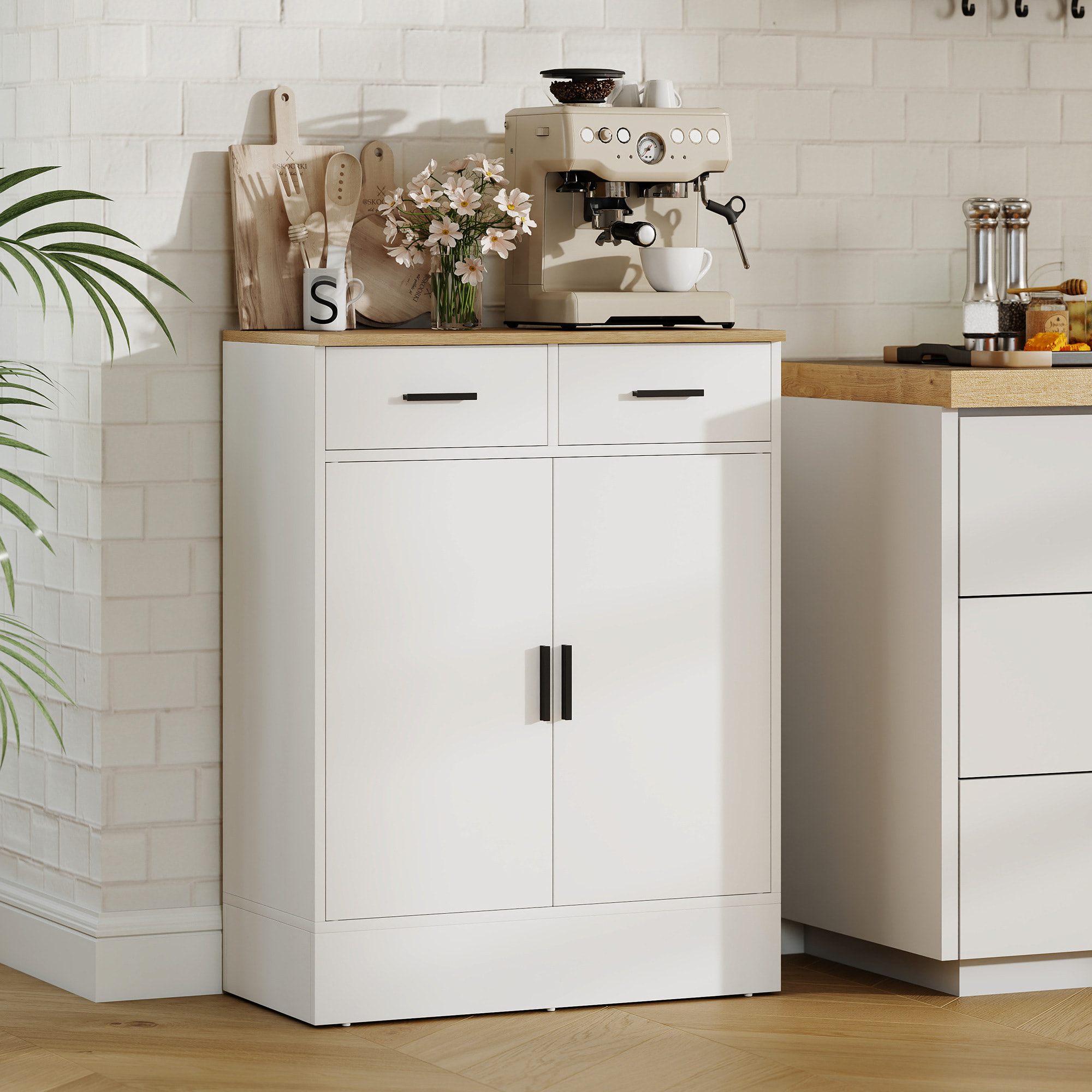 Buffet rangement cuisine 2 portes 2 tiroirs étagère - dim. 68 x 35 x 90 cm - effet bois clair blanc