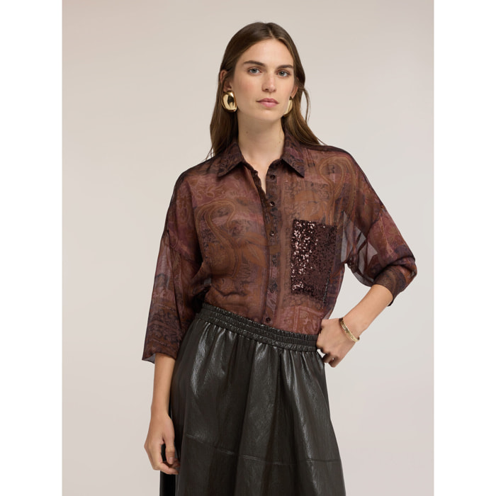 Motivi - Camicia in chiffon e tasca paillettes - Marrone