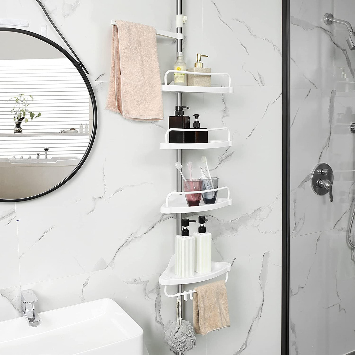 Colonna Portaoggetti Bagno Telescopica con 4 Ripiani - Bianco/Argento