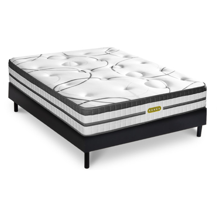Ensemble Matelas Hybride Concorde & Sommier Bois, Ressorts Ensachés & Mémoire de Forme, 26 cm, Technologie Tri-lattes, Soutien Ferme