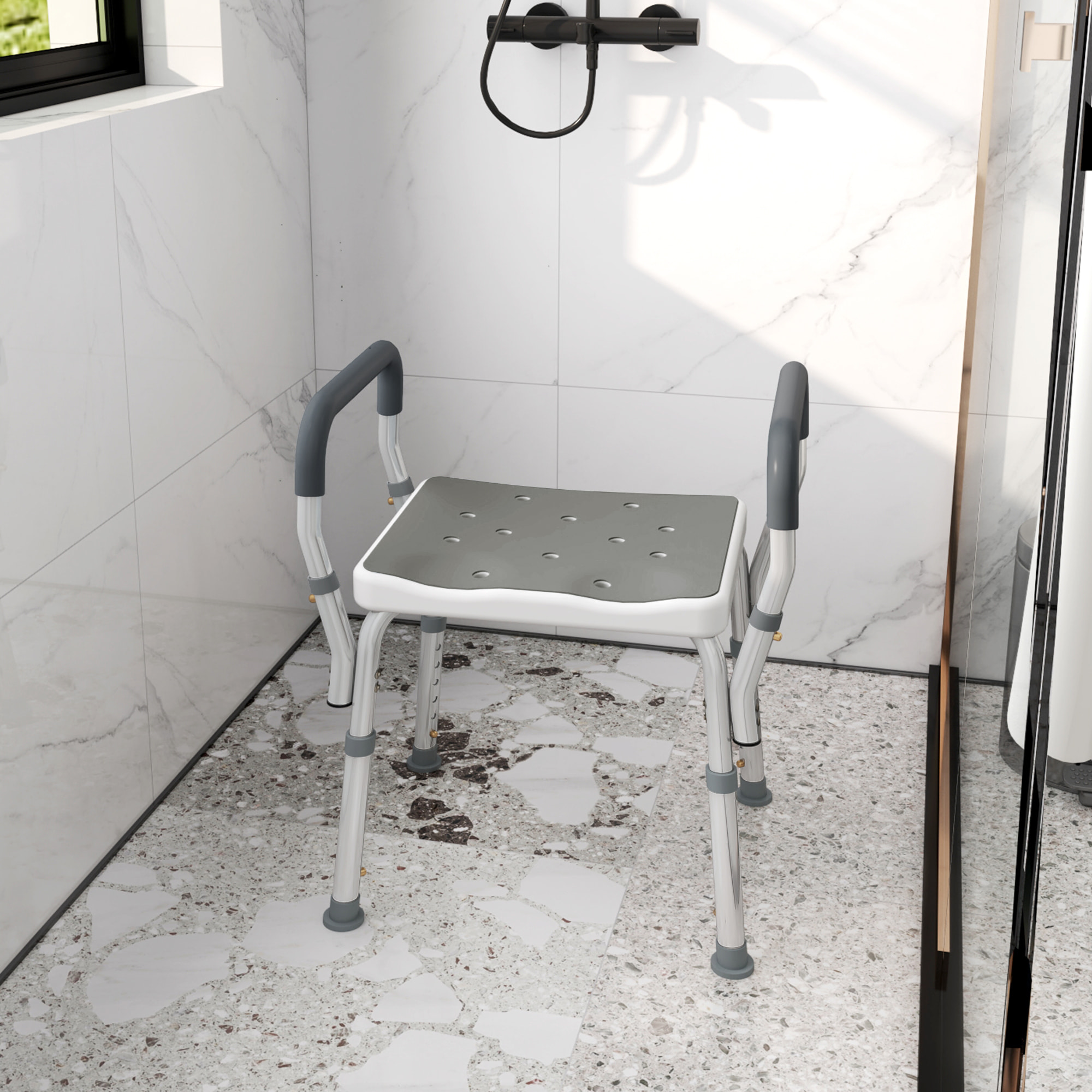 Chaise de douche tabouret de douche antidérapant - hauteur réglable, accoudoirs - alu HDPE gris
