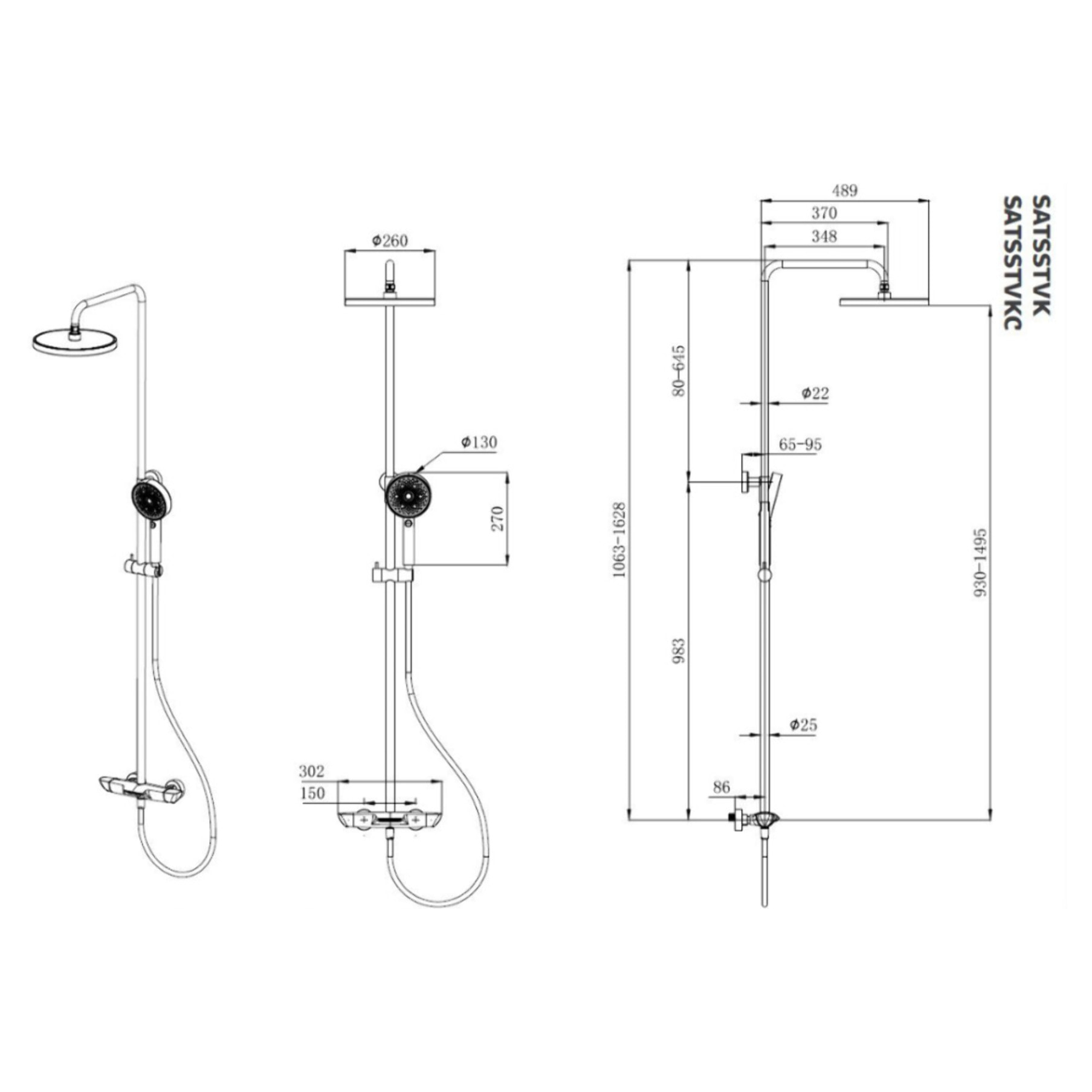 Ensemble bain/douche 3 jets avec mitigeur thermostatique baignoire + douche de tête + douchette à main, noir mat (SATSSTVKC)