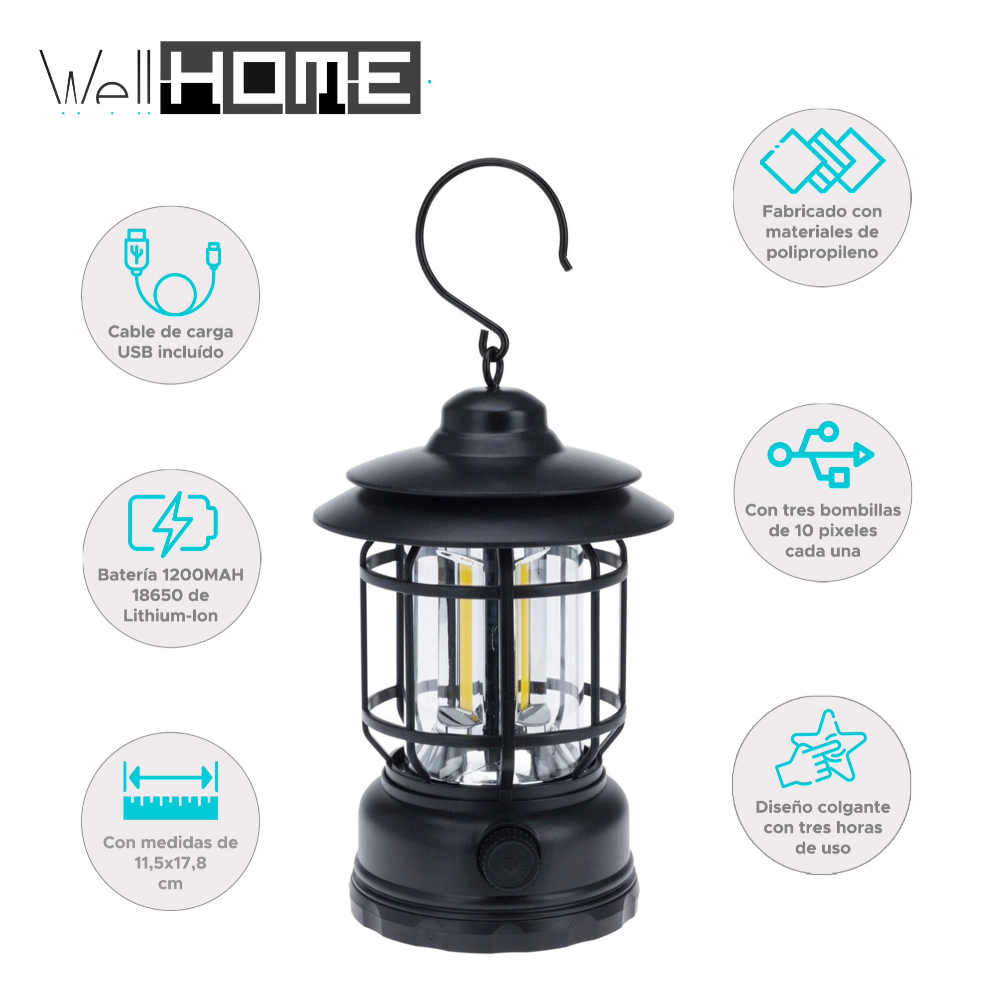 Well home luz de camping ø11,5x17,8cm con 3 bombillas y recargable por usb color negro