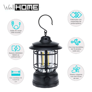 Well home luz de camping ø11,5x17,8cm con 3 bombillas y recargable por usb color negro