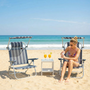 Pack de 2 Sillas de Playa Plegables con Dosel Ajustable, Respaldo Reclinable en 6 Posiciones y Reposacabezas, Sillas Bajas Portátiles con Brazos Carga 120kg para Acampada Jardín Azul y Blanco