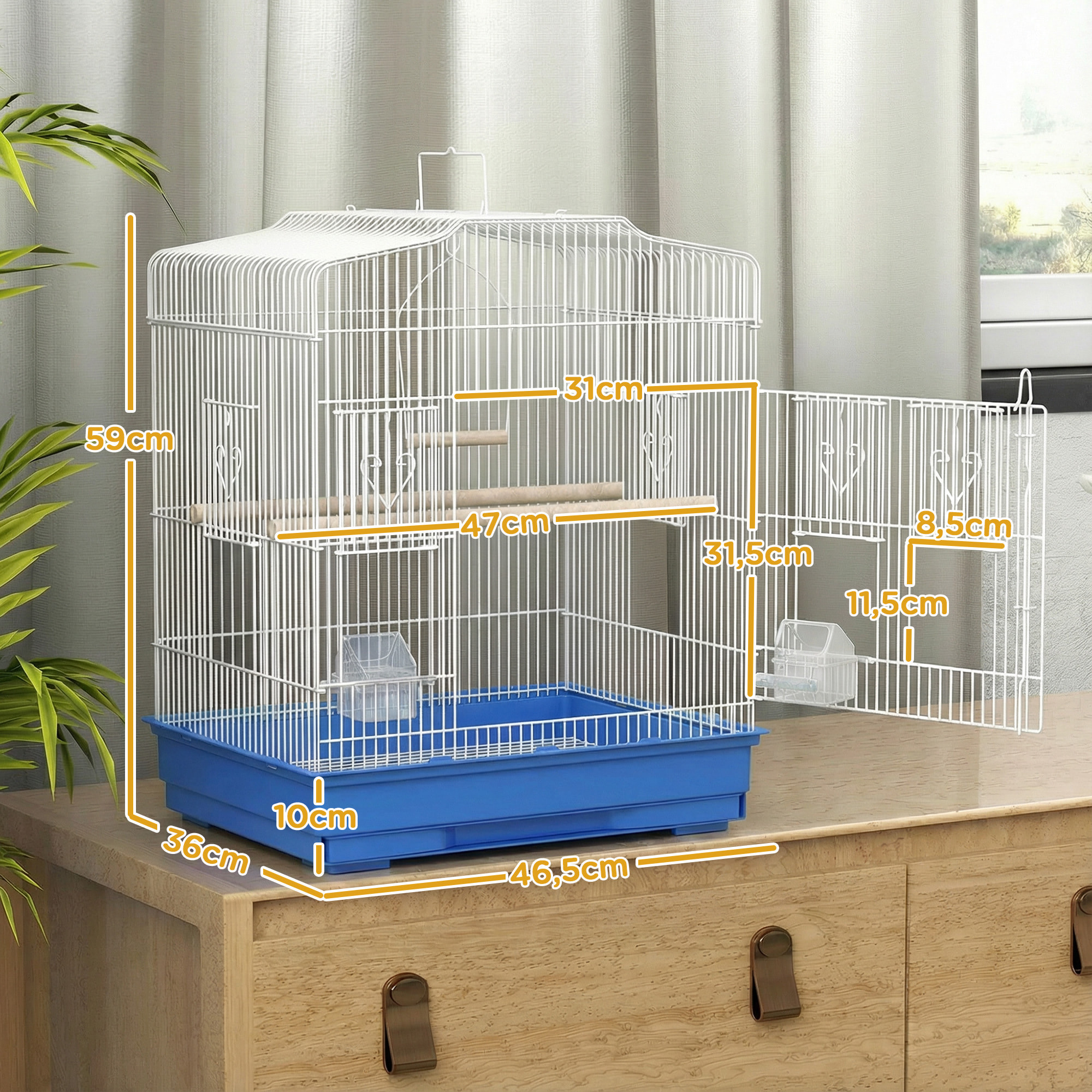 Jaula para Pájaros, Jaula de Acero para Pájaros con Puertas, 2 Comederos, 2 Perchas, Columpio, Bandeja Extraíble y Asa de Transporte, para Loro, Canario, Periquito, 46,5x36x59 cm, Azul