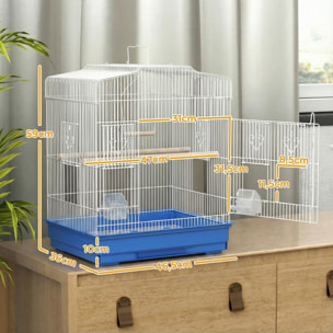 Jaula para Pájaros, Jaula de Acero para Pájaros con Puertas, 2 Comederos, 2 Perchas, Columpio, Bandeja Extraíble y Asa de Transporte, para Loro, Canario, Periquito, 46,5x36x59 cm, Azul