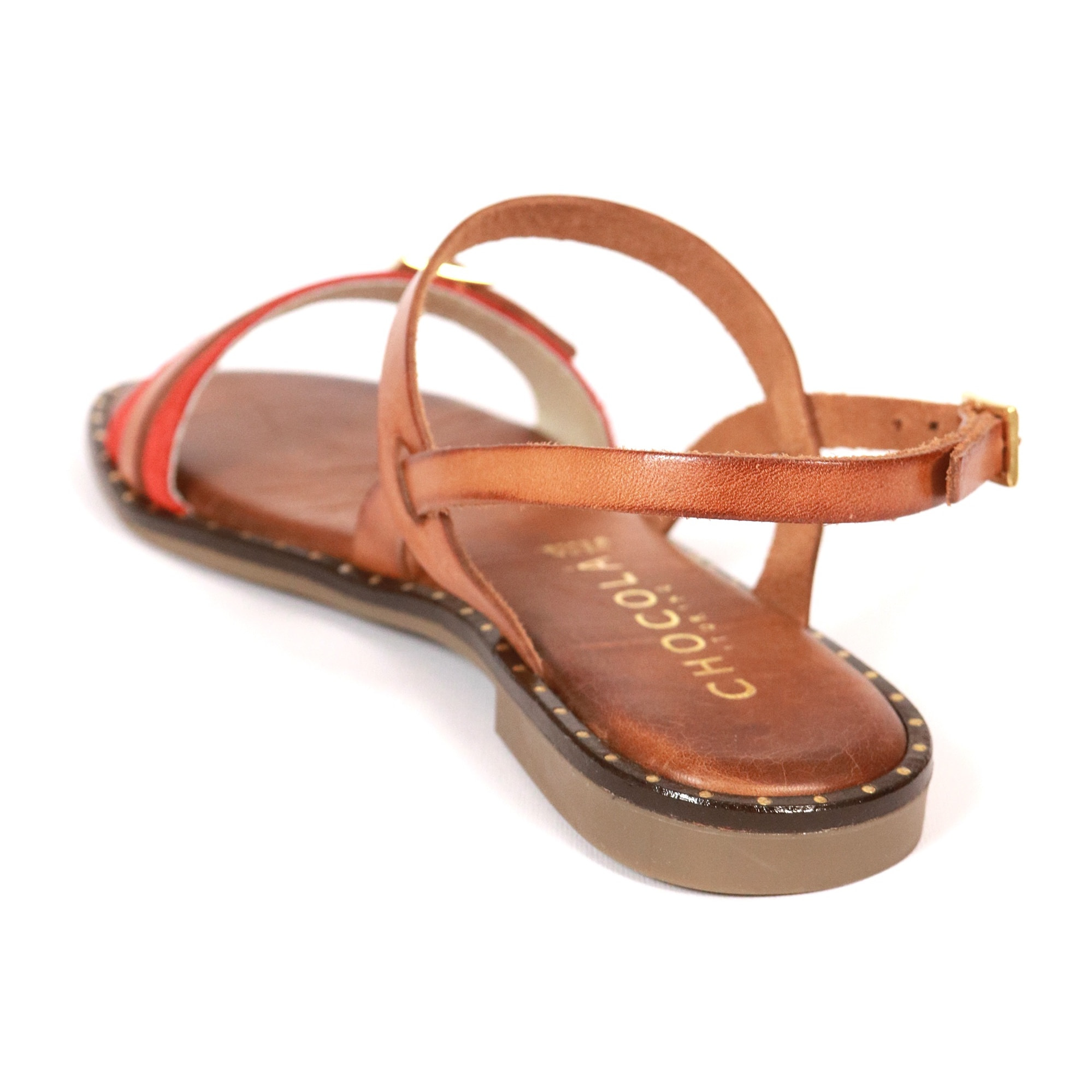 SANDALO FLAT CINTURINO CHOCOLA' VERA PELLE ROSSO