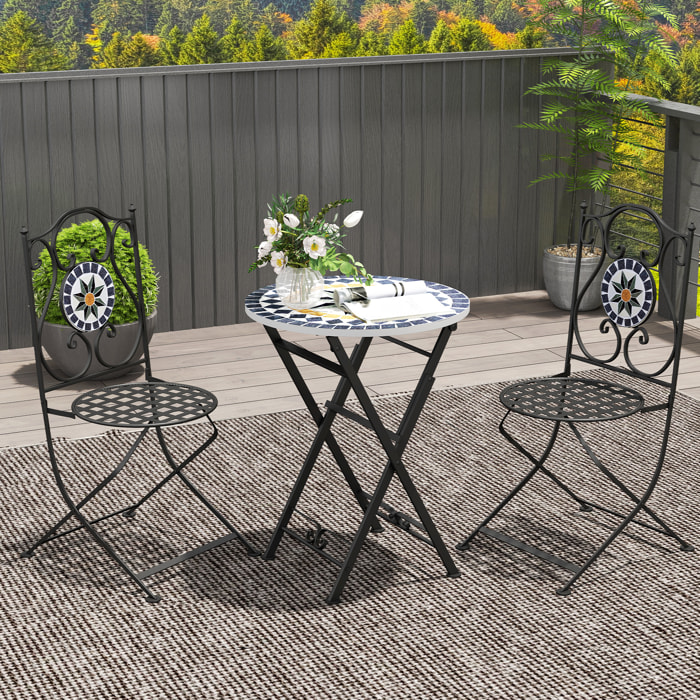 Conjunto de Jardín Exterior de 3 Piezas Muebles de Jardín Exterior con Mesa Redonda Sillas Plegables y Patrón de Mosaico Geométrico para Terraza Patio Balcón Multicolor