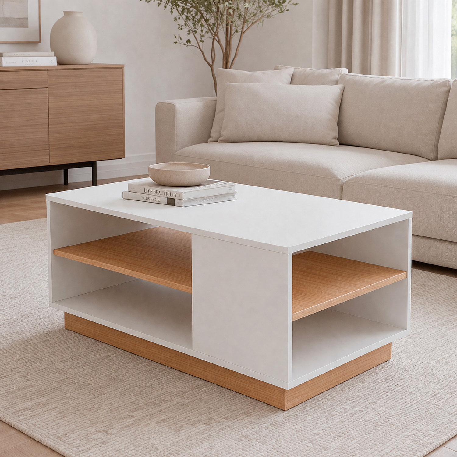 Tavolino Soggiorno Living Moderno Da Caffè Ripiano Porta Riviste Vano Giorno Multiuso Arredo Elegante Funzionale 100 x 45.5 x 60 Cm Bianco E Rovere