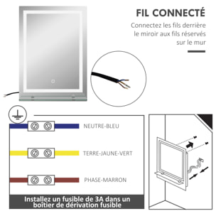 Miroir lumineux LED 20 W interrupteur tactile étagère intégrée 50L x 12l x 70H cm