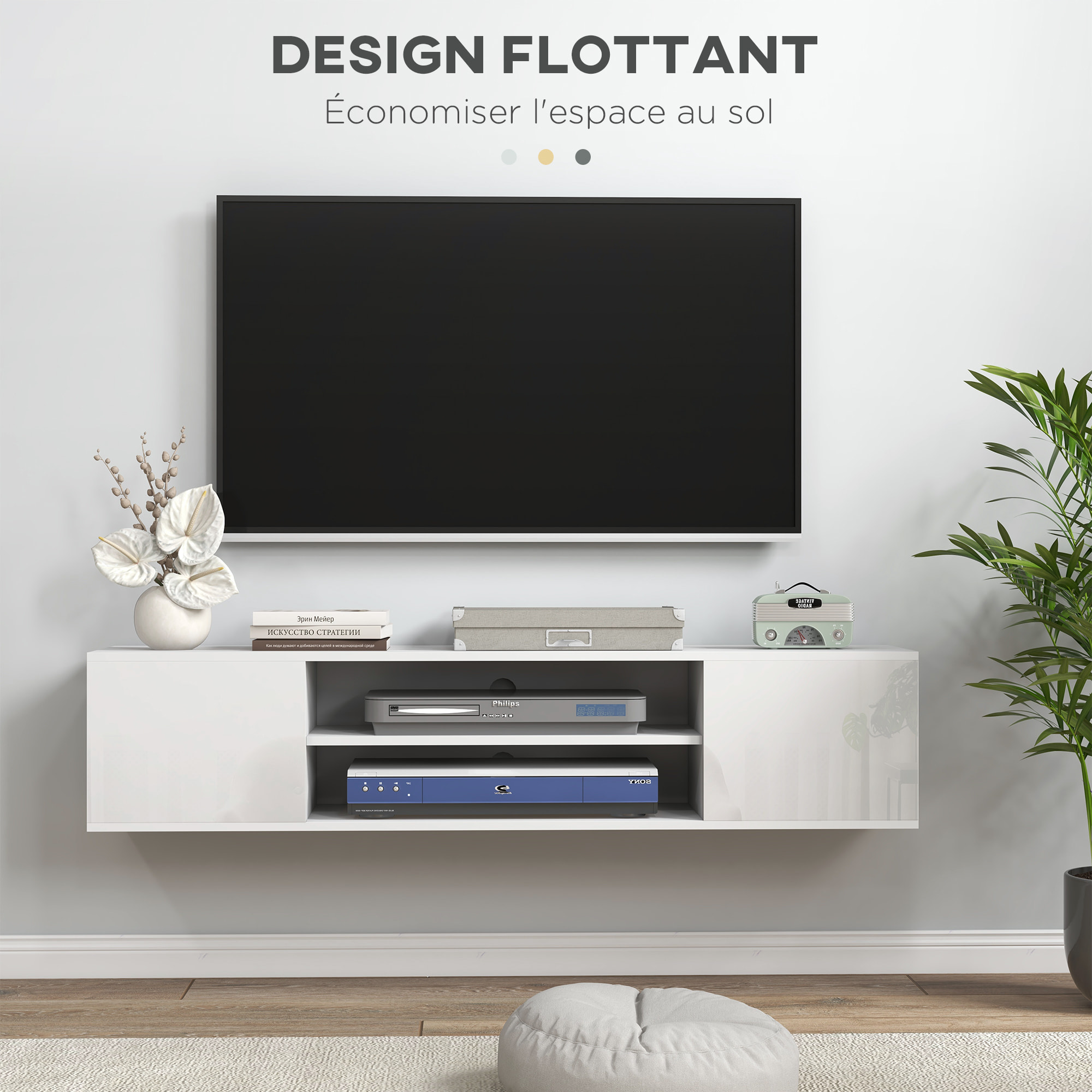 Meuble TV mural - banc TV flottant - 2 portes, 2 niches - dim. 140L x 30l x 30H cm - panneaux blanc laqué