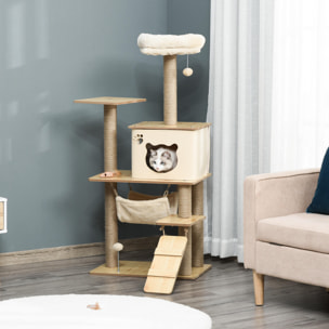 árbol Rascador para Gatos Torre de Escalada con Plataformas Hamaca Escalera Cueva Postes para Rascar de Yute Bola Colgante Juego y Descanso 60x40x130 cm Beige