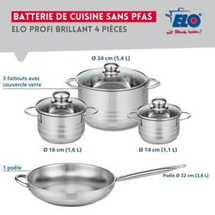 Ensemble de 1 Poêle de cuisson 32 cm et 3 faitouts 14, 16 et 24 cm Elo Profi Brillant