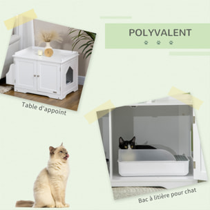 Maison de toilette pour chat table d'appoint 2 en 1 - 2 portes, cloison amovible, rangement latéral - blanc