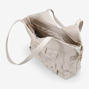 Bolso tote beige con tiras entrelazadas y cremallera