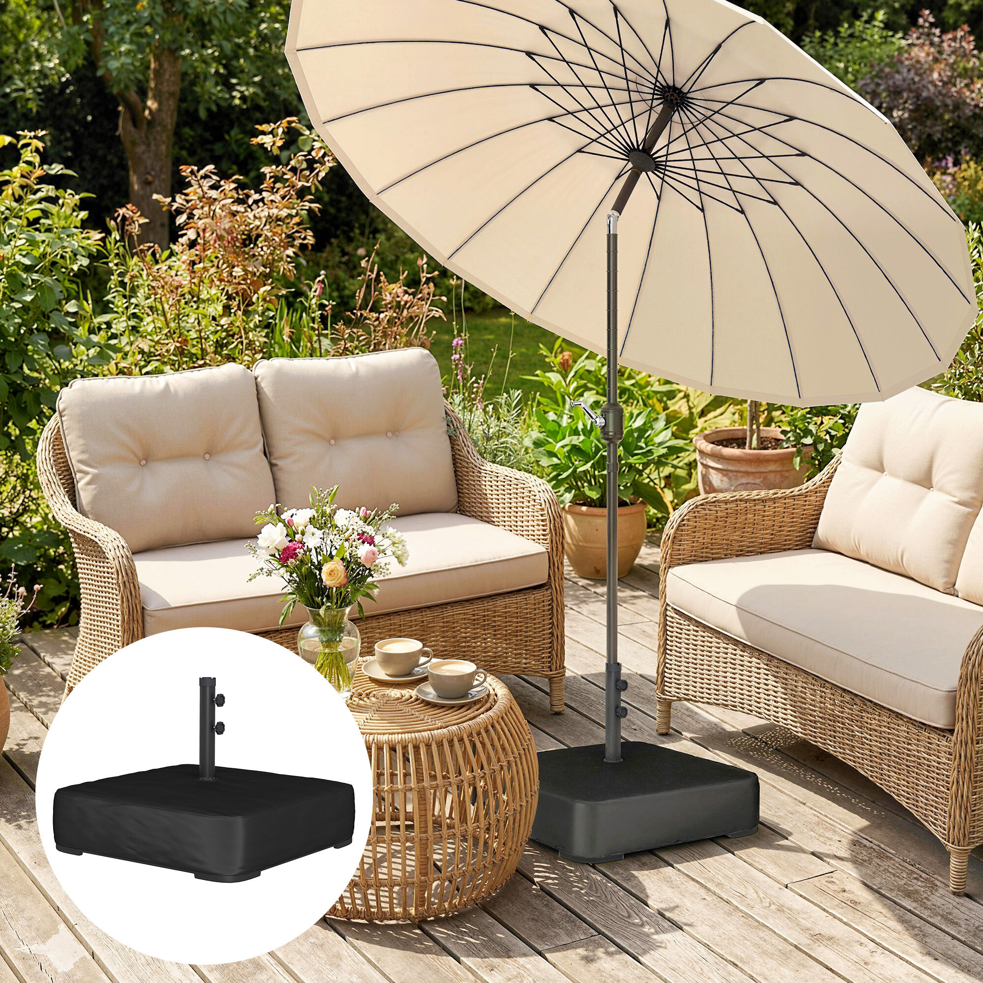 Base para Sombrilla Cuadrada con Funda, Soporte de Parasol con Bolsas de Arena, Pie para Sombrilla con Postes Ø48 mm, Rellenable de Arena 80 kg Arena Húmeda 90 kg, para Jardín, Terraza, Negro