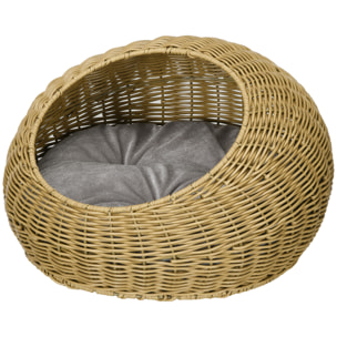 Niche pour chat lit pour chat panier de chat en résine tressée imitation rotin coussin doux déhoussable Ø 50 x 31H cm marron clair