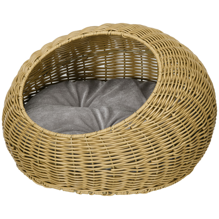 Niche pour chat lit pour chat panier de chat en résine tressée imitation rotin coussin doux déhoussable Ø 50 x 31H cm marron clair