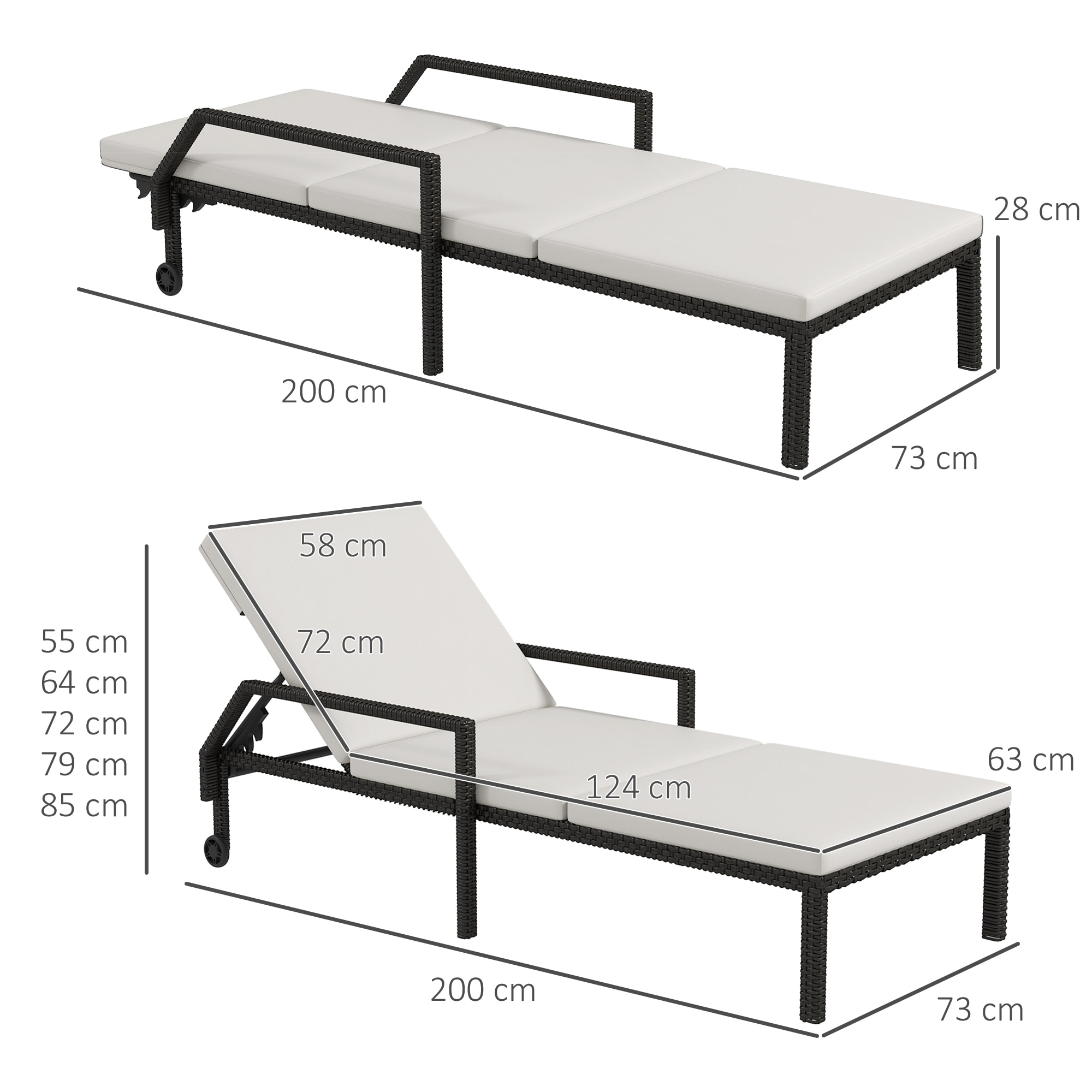 Tumbona de Ratán Chaise Longue de Jardín con Respaldo Ajustable en 5 Posiciones Cojín Acolchado y 2 Ruedas Carga 120 kg 73x200x48 cm Crema y Negro