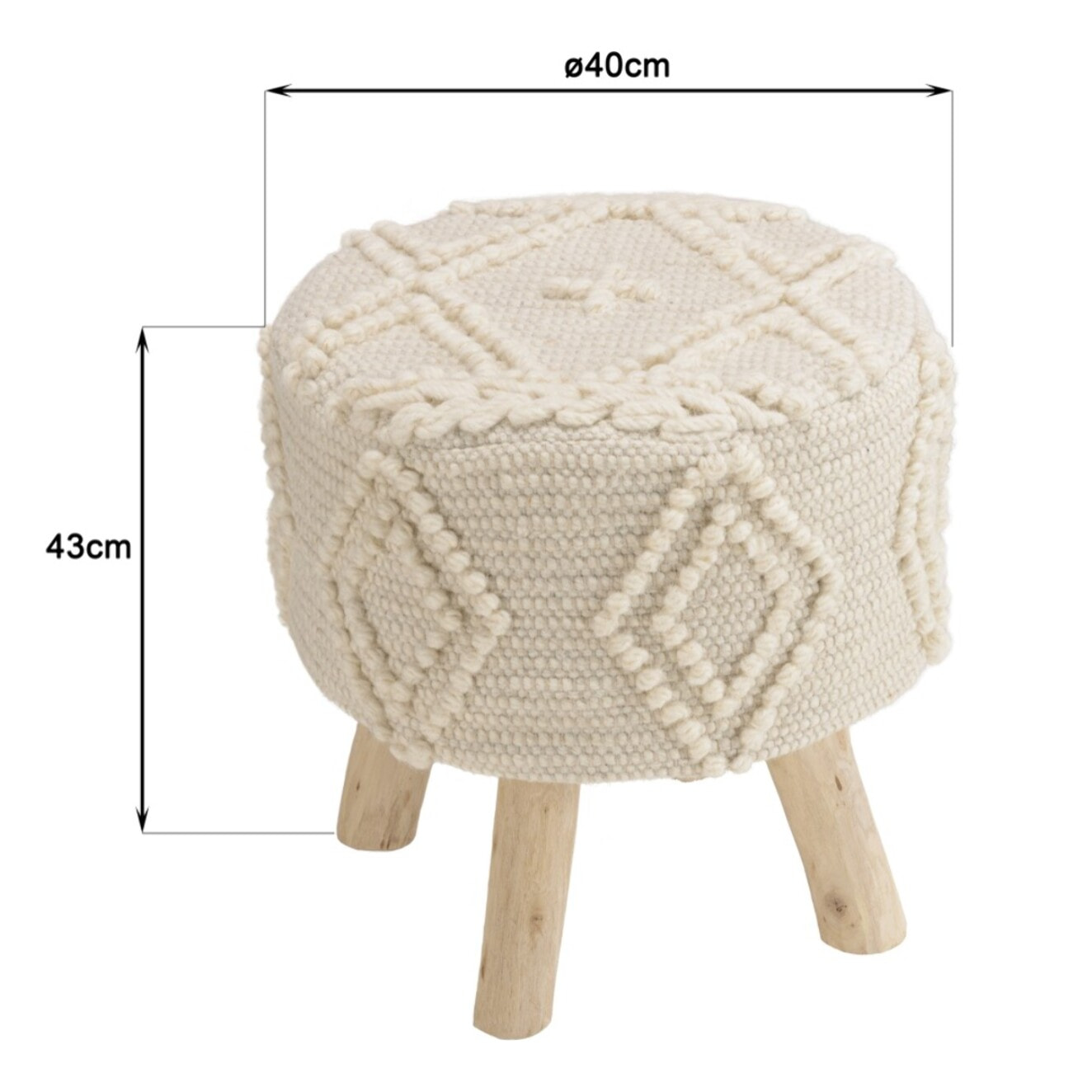 SACHA - Tabouret rond 40x40cm laine motifs losanges ivoire pieds bois