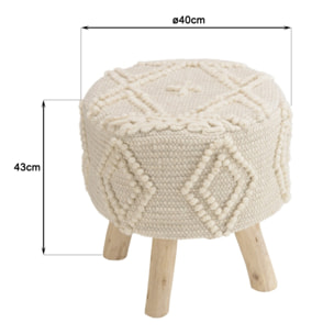 SACHA - Tabouret rond 40x40cm laine motifs losanges ivoire pieds bois