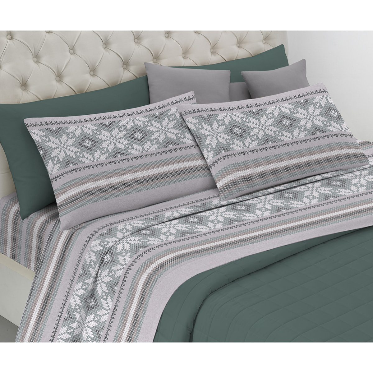 Completo letto norvegia verde tortora 100% cotone