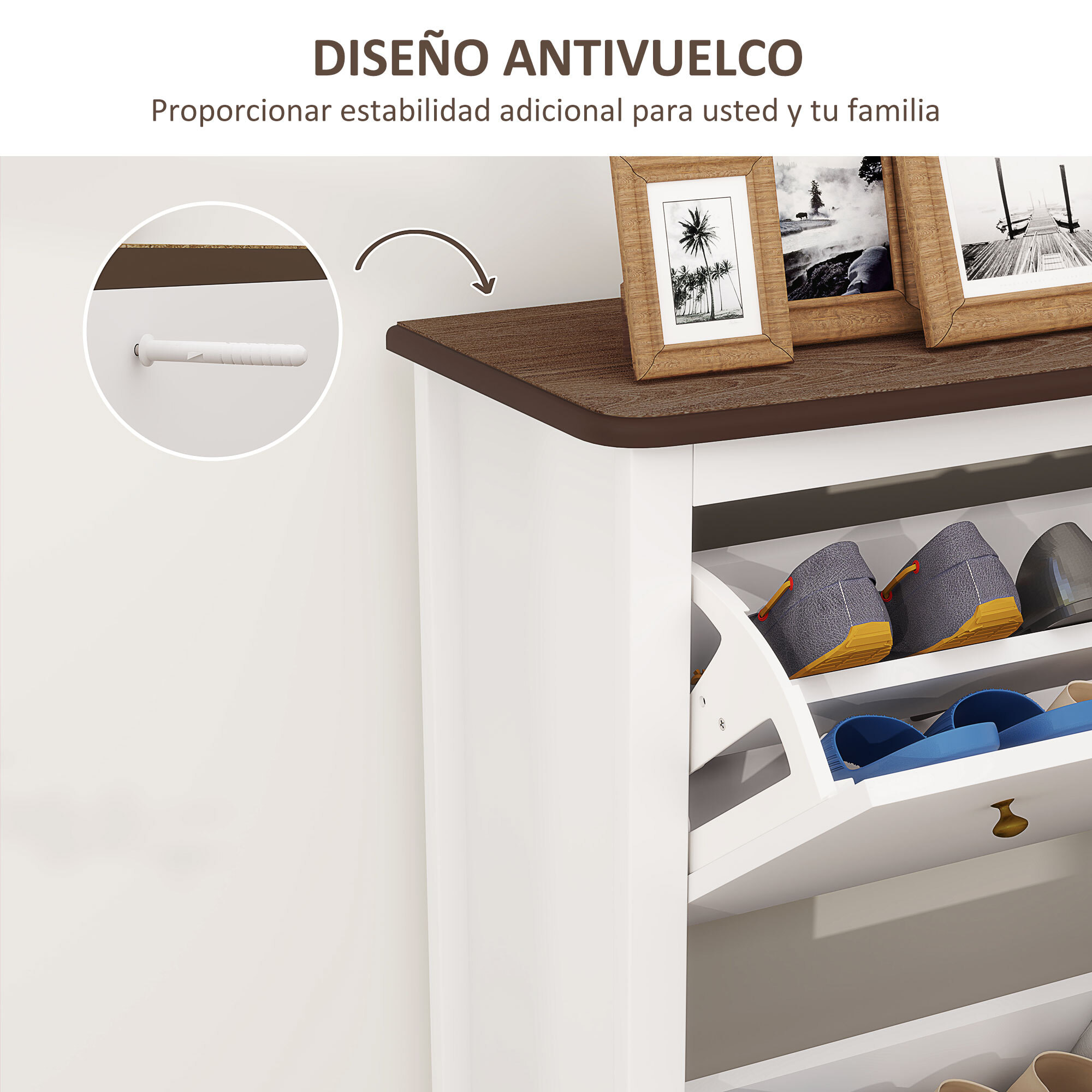 Mueble Zapatero Estilo Francés Zapatero de Entrada Recibidor con 2 Cajones Abatibles Estantes Ajustables para 16 Pares de Zapatos Zapatero Estrecho para Pasillo 84x29x109 cm Blanco