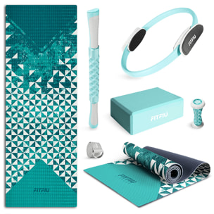 Pack accesorios yoga azul FITFIU esterilla, aro, bloque, barra, correa