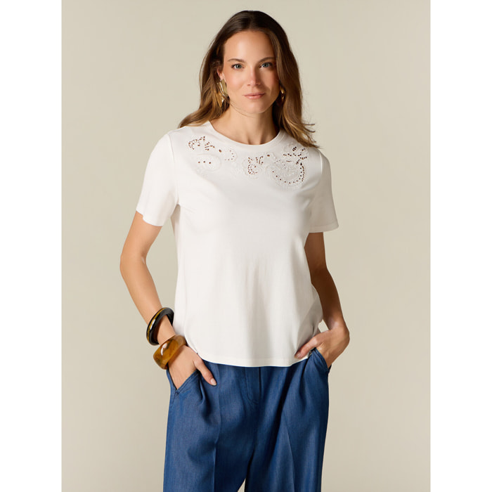 Oltre - T-shirt in cotone con ricamo traforato - Bianco