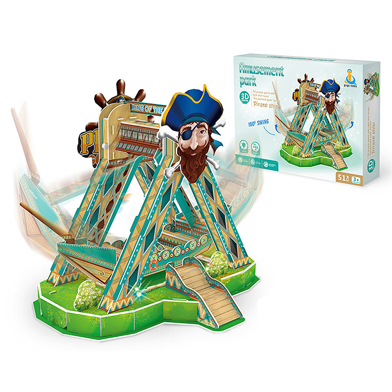 Puzzle 3D dell'attrazione Barco Pirata con luci e musica. Con un totale di 51 pezzi che puoi assemblare senza strumenti o colla. Raccomandato per bambini di oltre 3 anni.