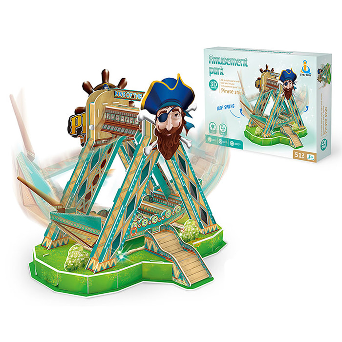 Puzzle 3D dell'attrazione Barco Pirata con luci e musica. Con un totale di 51 pezzi che puoi assemblare senza strumenti o colla. Raccomandato per bambini di oltre 3 anni.
