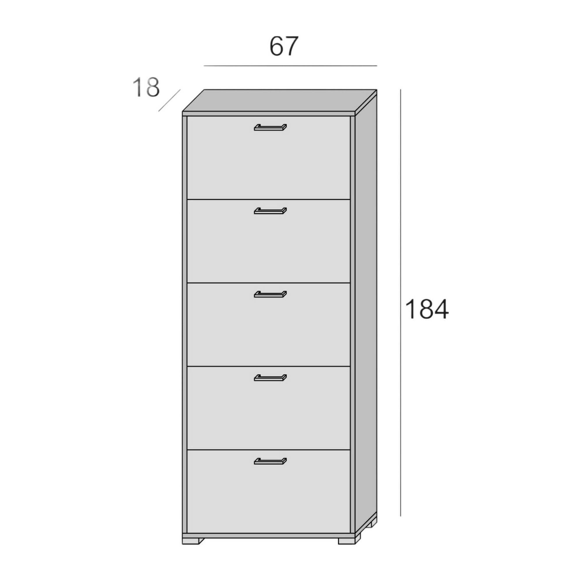 Scarpiera Margherita, Mobile multiuso da ingresso con 5 ante a ribalta, Armadietto portascarpe moderno, 100% Made in Italy, Cm 67x18h184, Cemento e Bianco