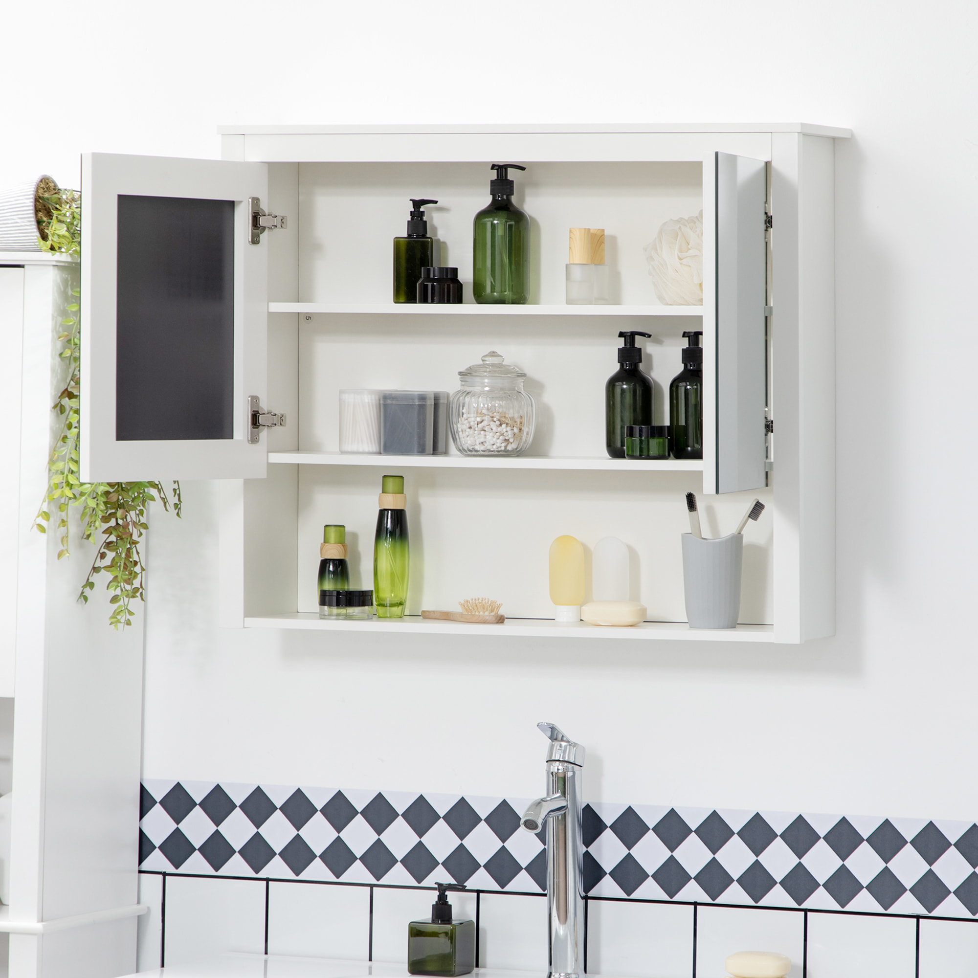 Armoire miroir de salle de bain - 2 portes, étagère, niche - MDF blanc