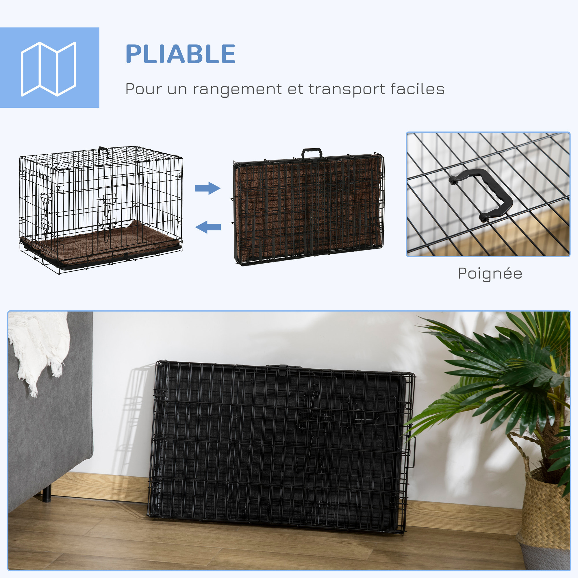 Cage de transport pliante pour chien poignée, plateau amovible, coussin fourni 76 x 53 x 57 cm noir