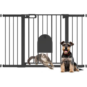 Barrera de Seguridad para Perros Extensible 75-131 cm, para Puertas y Escaleras, Barrera para Perros con Puerta Pequeña, 3 Extensiones, Montaje a Presión y Doble Bloqueo, Negro