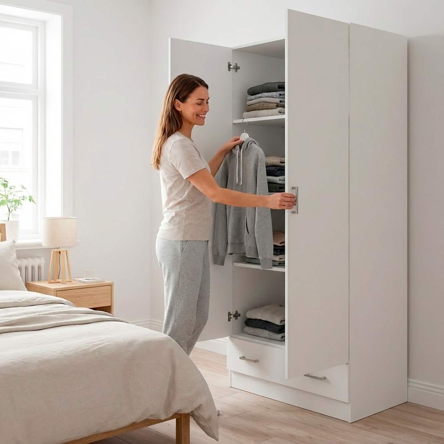 Armadio Con 2 Ante E 1 Cassetto Multiuso Armadietto Design Moderno Salvaspazio Con Ripiani Interni E Vano Contenitore 79.4 x 35.7 x 170.4 Cm Bianco