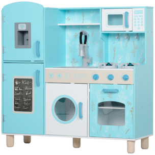 Cocina de Juguete para Niños +3 Años Cocina de Madera Infantil Cocinita Infantil con Sonido Fogón Horno Grifo Fregadero Microondas Lavadora Máquina de Hielo y Accesorios de Cocina Azul