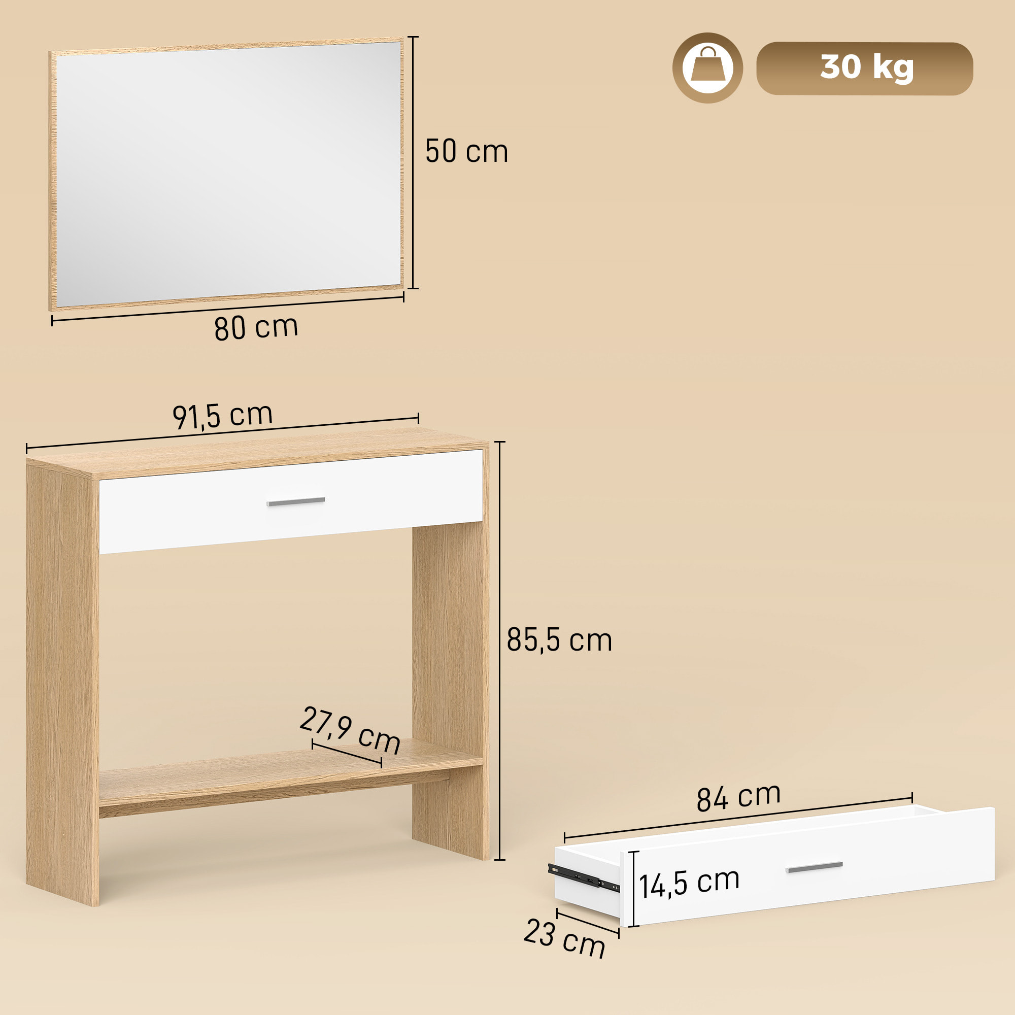 Recibidor de Entrada con Espejo, Cajón y Estante, Mueble de Recibidor de 2 Piezas con Mesa Consola y Espejo, Diseño Antivuelco, para Pasillo, 91,5x27,9x85,5 cm, Roble