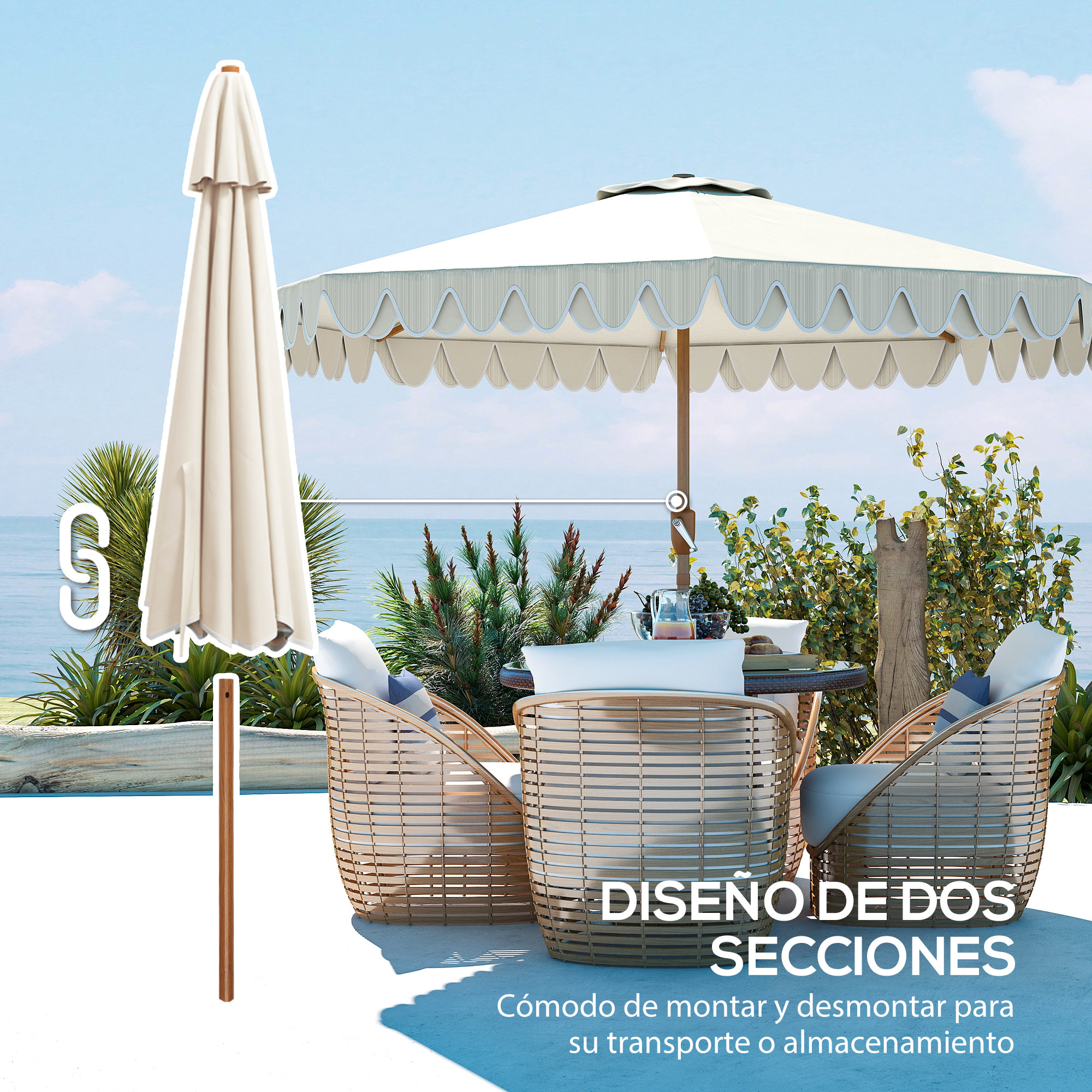 Sombrilla Terraza Exterior, Ø264x240 cm, Sombrilla de Jardín con Ángulo Ajustable, Manivela y Volantes, Impermeable, Parasol para Playa, Patio, Balcón, Crema